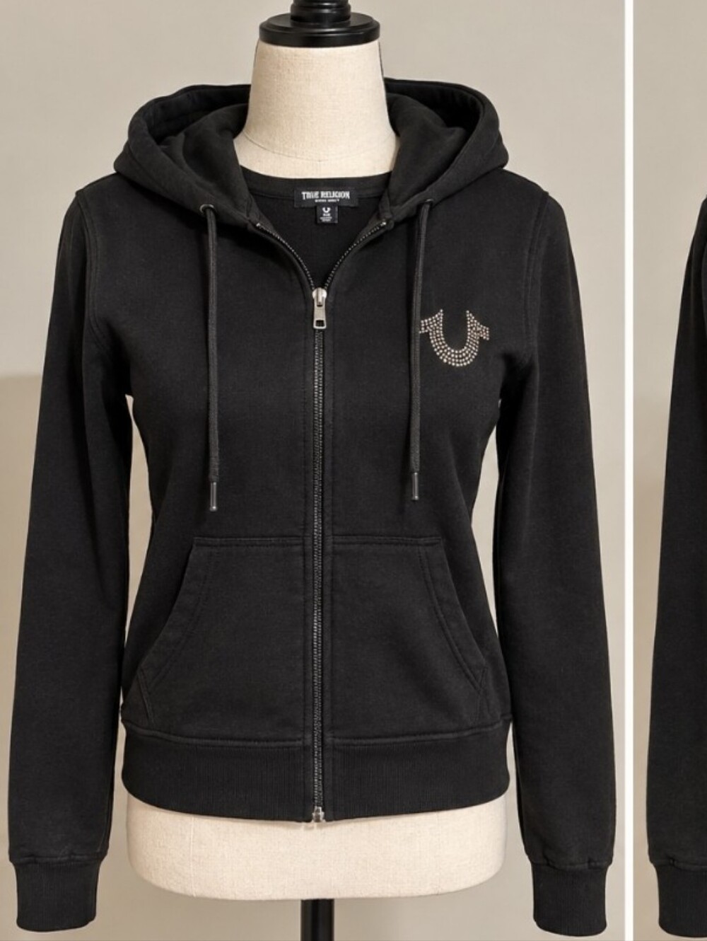 True Religion Black Rhinestone Horseshoe Zip-Up Hoodie